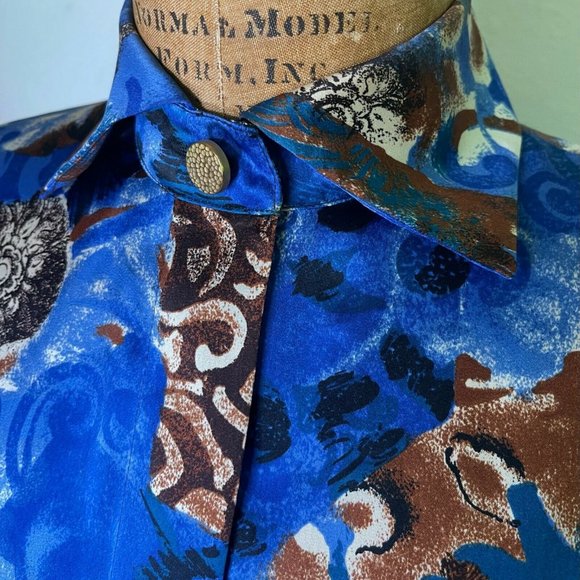 Louis Feraud Womens Blue Black Abstract Long Collared Button Up Shirt Top Size 8 - Picture 4 of 9